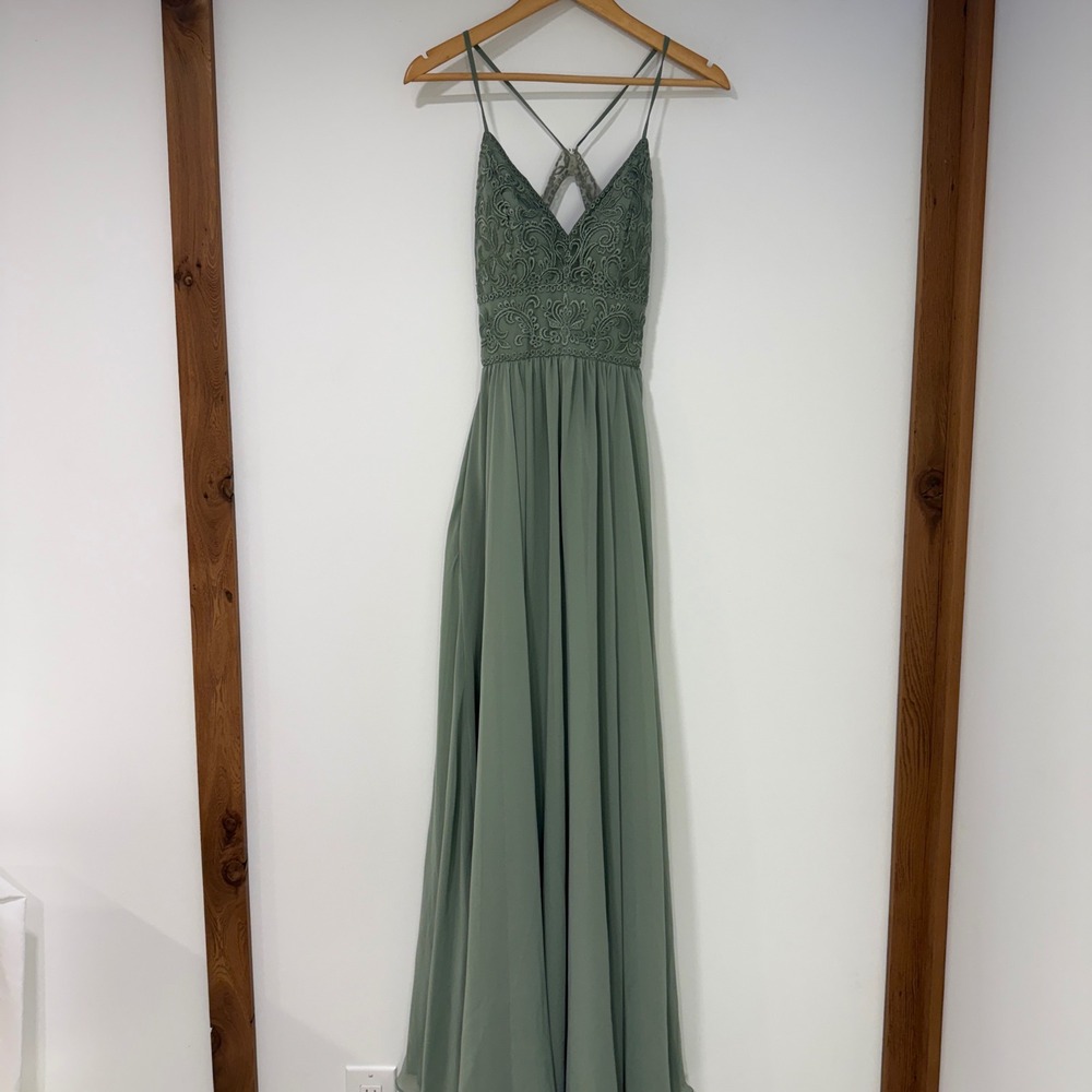 Kennedy Blue Dress 00 Sage Green Lace Chiffon Maxi Corset Back Formal Boho